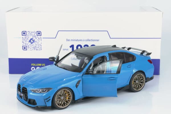Solido 1:18 BMW M3 (G80) Competition M Performance Parts Daytona Beach Blue 2024 (S1814303) diecast model – with box – front view