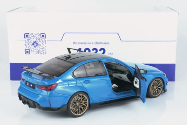 Solido 1:18 BMW M3 (G80) Competition M Performance Parts Daytona Beach Blue 2024 (S1814303) diecast model – with box – rear view