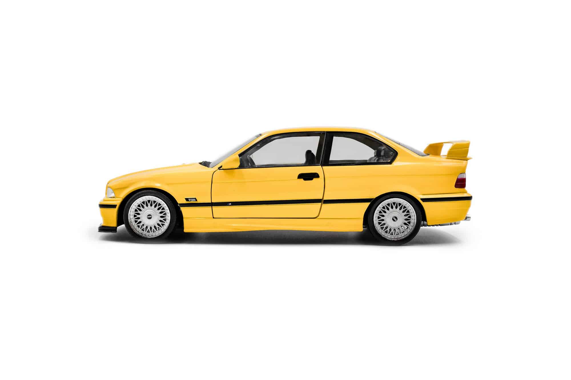 Solido 1:18 BMW M3 (E36) Coupe Dakar Yellow 1991 (S1803917) Diecast Model 4 Solido 1:18 BMW M3 (E36) Coupé Solido Works Dakar Yellow 1991 (S1803917) diecast model – side profile