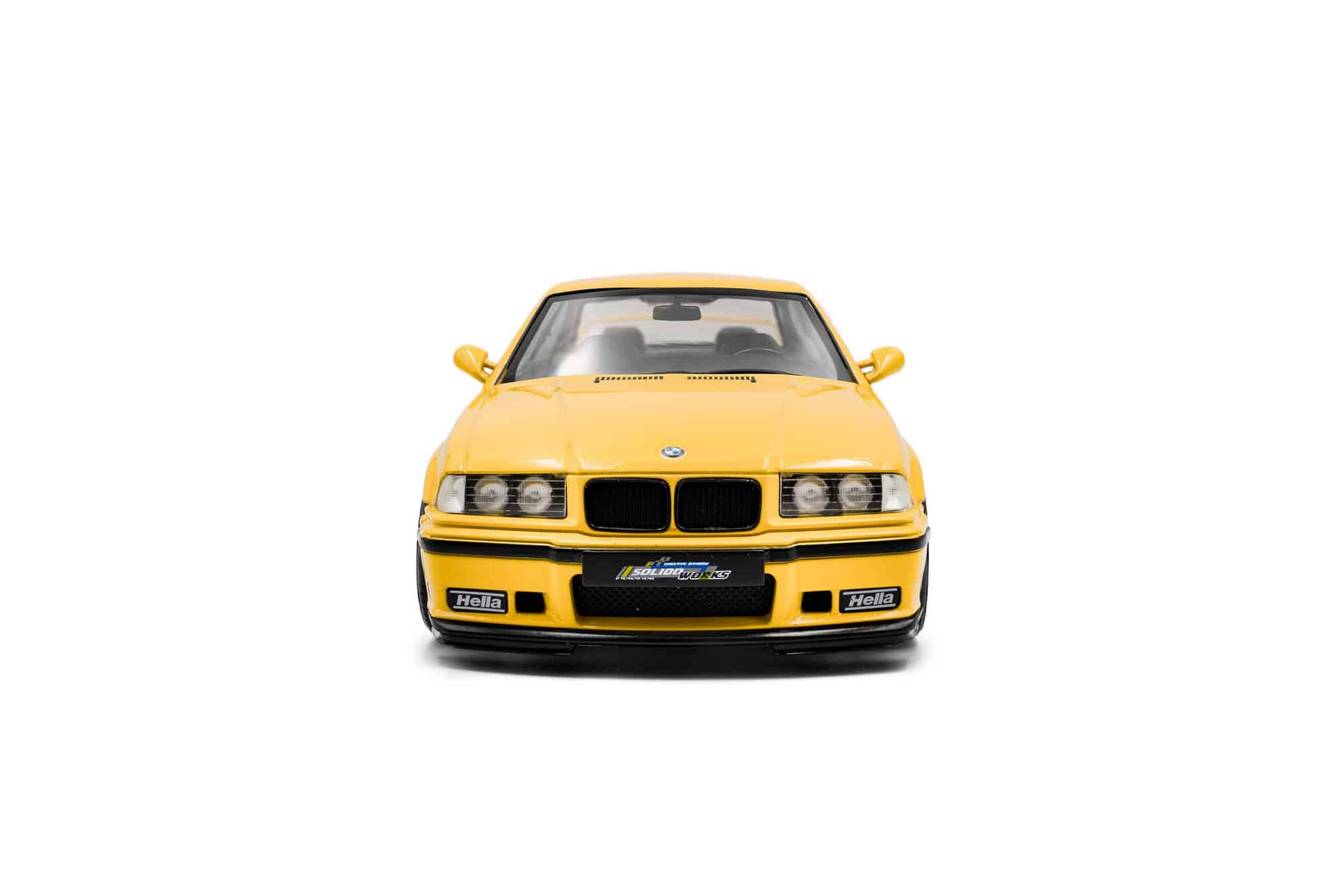 Solido 1:18 BMW M3 (E36) Coupe Dakar Yellow 1991 (S1803917) Diecast Model 6 Solido 1:18 BMW M3 (E36) Coupé Solido Works Dakar Yellow 1991 (S1803917) diecast model – front view