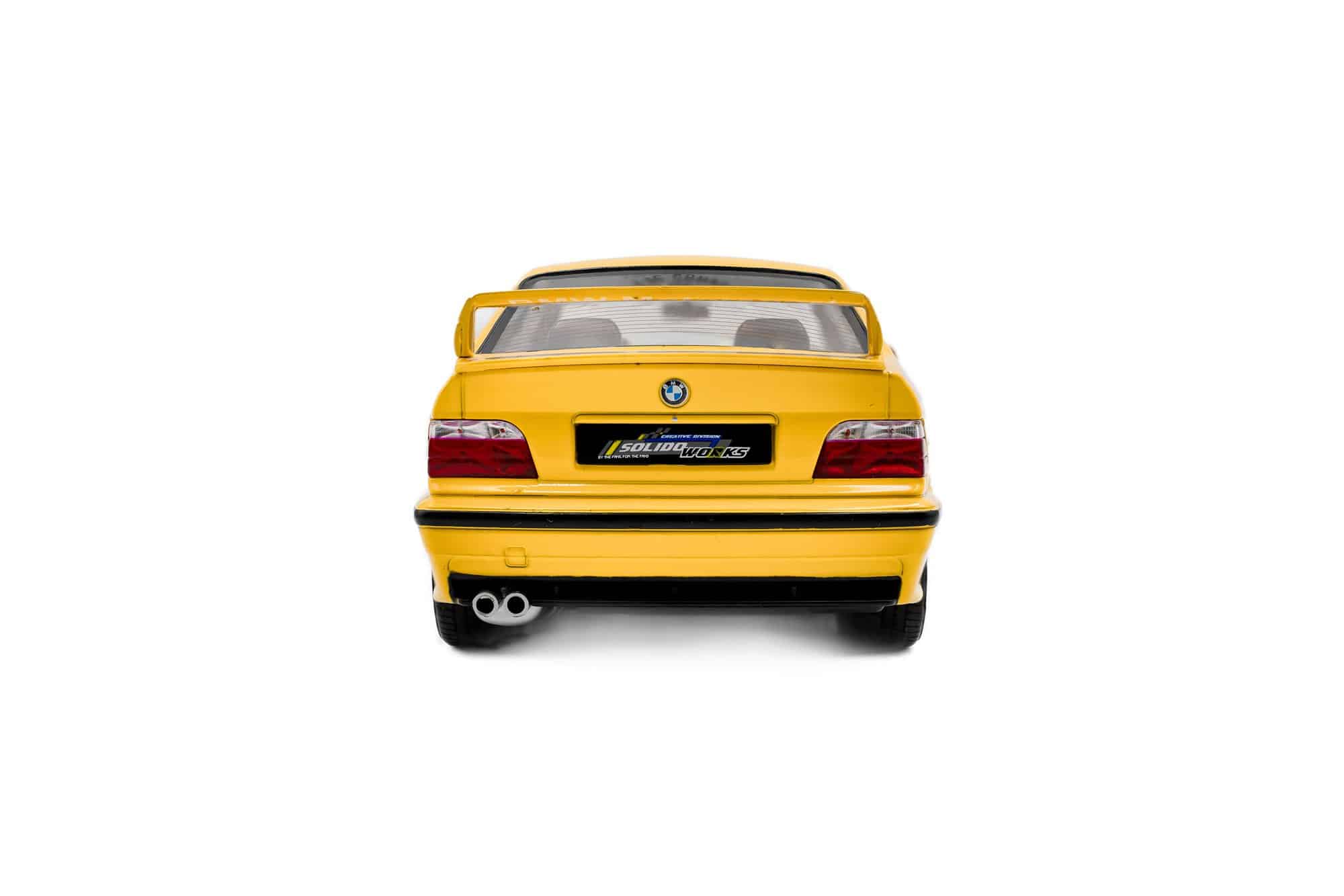 Solido 1:18 BMW M3 (E36) Coupe Dakar Yellow 1991 (S1803917) Diecast Model 7 Solido 1:18 BMW M3 (E36) Coupé Solido Works Dakar Yellow 1991 (S1803917) diecast model – rear view
