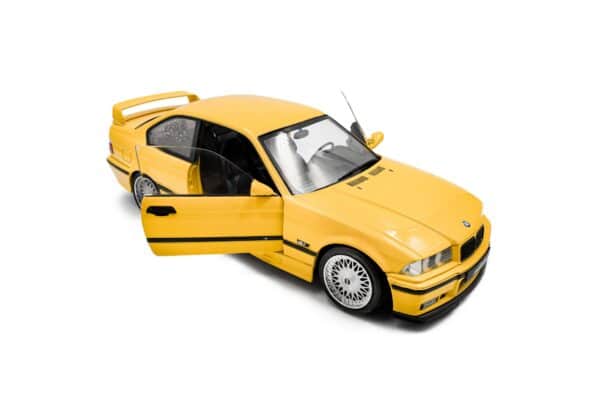 Solido 1:18 BMW M3 (E36) Coupe Dakar Yellow 1991 (S1803917) Diecast Model 9 Solido 1:18 BMW M3 (E36) Coupé Solido Works Dakar Yellow 1991 (S1803917) diecast model – with doors open, front three-quarter