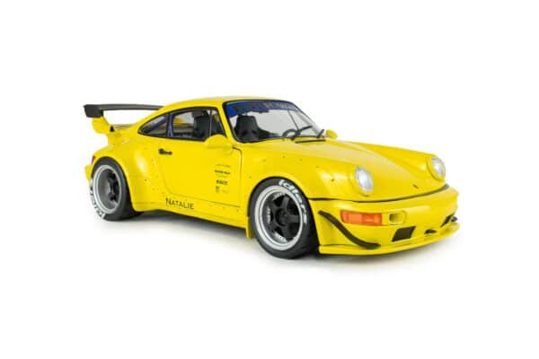 Solido 1:18 Porsche 911 (964) RWB Natali Yellow 2023 (S1807518) Diecast Model 19 Solido 1:18 RWB Porsche 911 Bodykit Natalie Yellow 2023 (S1807518) diecast model – front three-quarter view, right