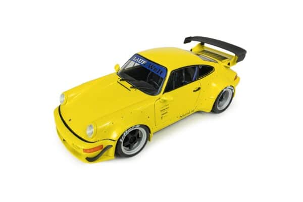 Solido 1:18 Porsche 911 (964) RWB Natali Yellow 2023 (S1807518) Diecast Model 18 Solido 1:18 RWB Porsche 911 Bodykit Natalie Yellow 2023 (S1807518) diecast model – front three-quarter view, high angle