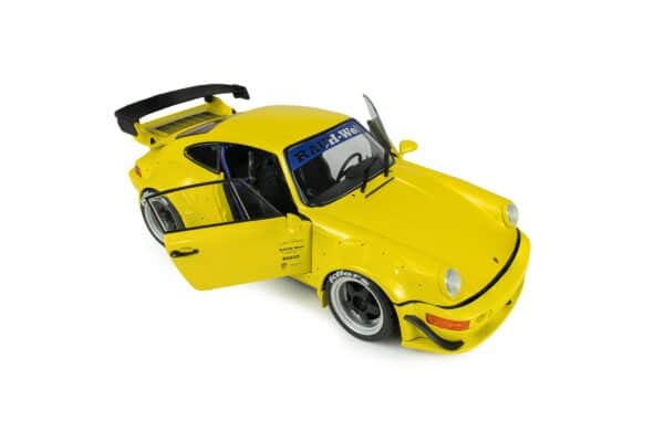 Solido 1:18 Porsche 911 (964) RWB Natali Yellow 2023 (S1807518) Diecast Model 14 Solido 1:18 RWB Porsche 911 Bodykit Natalie Yellow 2023 (S1807518) diecast model – with doors open, front three-quarter