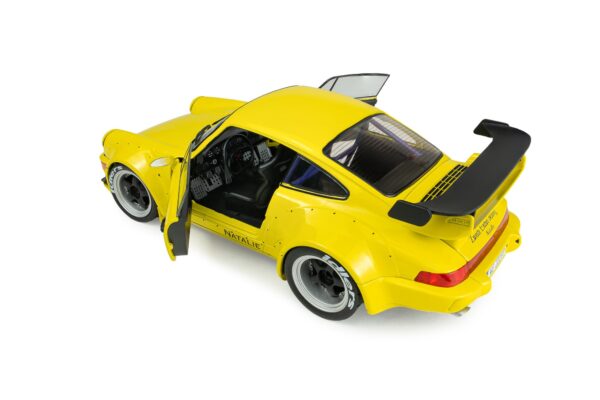 Solido 1:18 Porsche 911 (964) RWB Natali Yellow 2023 (S1807518) Diecast Model 15 Solido 1:18 RWB Porsche 911 Bodykit Natalie Yellow 2023 (S1807518) diecast model – with doors open, rear three-quarter