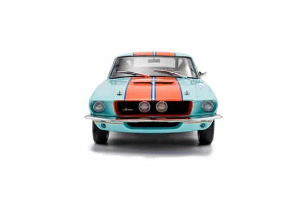 Solido 1:18 Ford Mustang Shelby GT500 Light Blue with Orange Stripes No.4 Gulf Racing Tribute 1967 (S1802911) Diecast Model 11 Solido 1:18 Shelby GT500 Racing Tribute 1967 (S1802911) diecast model – front view
