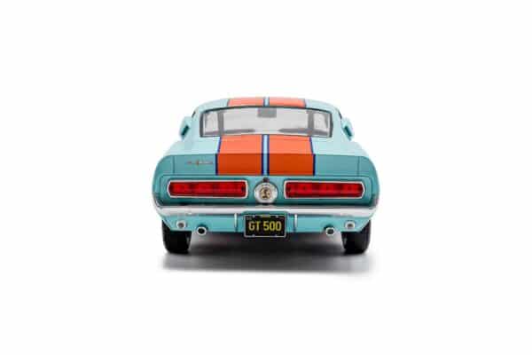 Solido 1:18 Ford Mustang Shelby GT500 Light Blue with Orange Stripes No.4 Gulf Racing Tribute 1967 (S1802911) Diecast Model 12 Solido 1:18 Shelby GT500 Racing Tribute 1967 (S1802911) diecast model – rear view