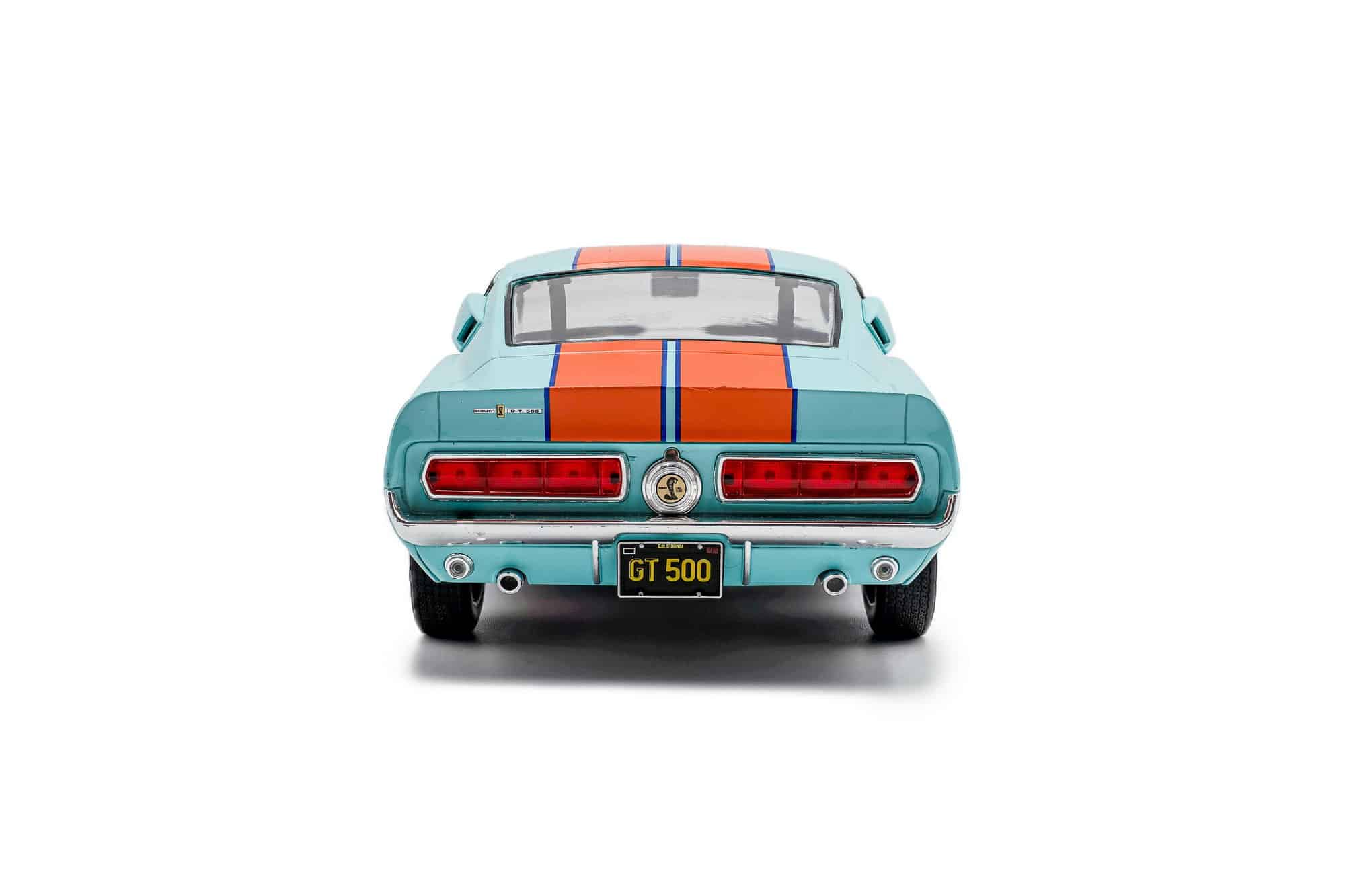 Solido 1:18 Ford Mustang Shelby GT500 Light Blue with Orange Stripes No.4 Gulf Racing Tribute 1967 (S1802911) Diecast Model 6 Solido 1:18 Shelby GT500 Racing Tribute 1967 (S1802911) diecast model – rear view