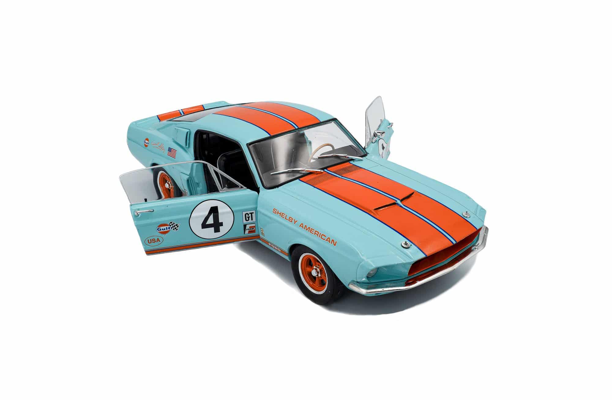 Solido 1:18 Ford Mustang Shelby GT500 Light Blue with Orange Stripes No.4 Gulf Racing Tribute 1967 (S1802911) Diecast Model 7 Solido 1:18 Shelby GT500 Racing Tribute 1967 (S1802911) diecast model – with doors open, front three-quarter