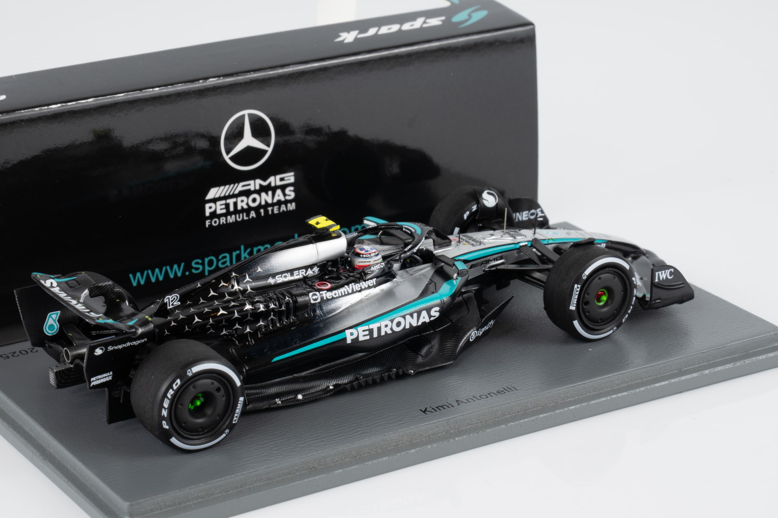 Spark 1:43 Mercedes W16 No.12 Mercedes-AMG PETRONAS Formula One Team 4th Azerbaijan GP 2025 Andrea Kimi Antonelli (S9632) Resin Model 2 Spark 1:43 Mercedes W16 No.12 Andrea Kimi Antonelli Azerbaijan GP 2025 – front view