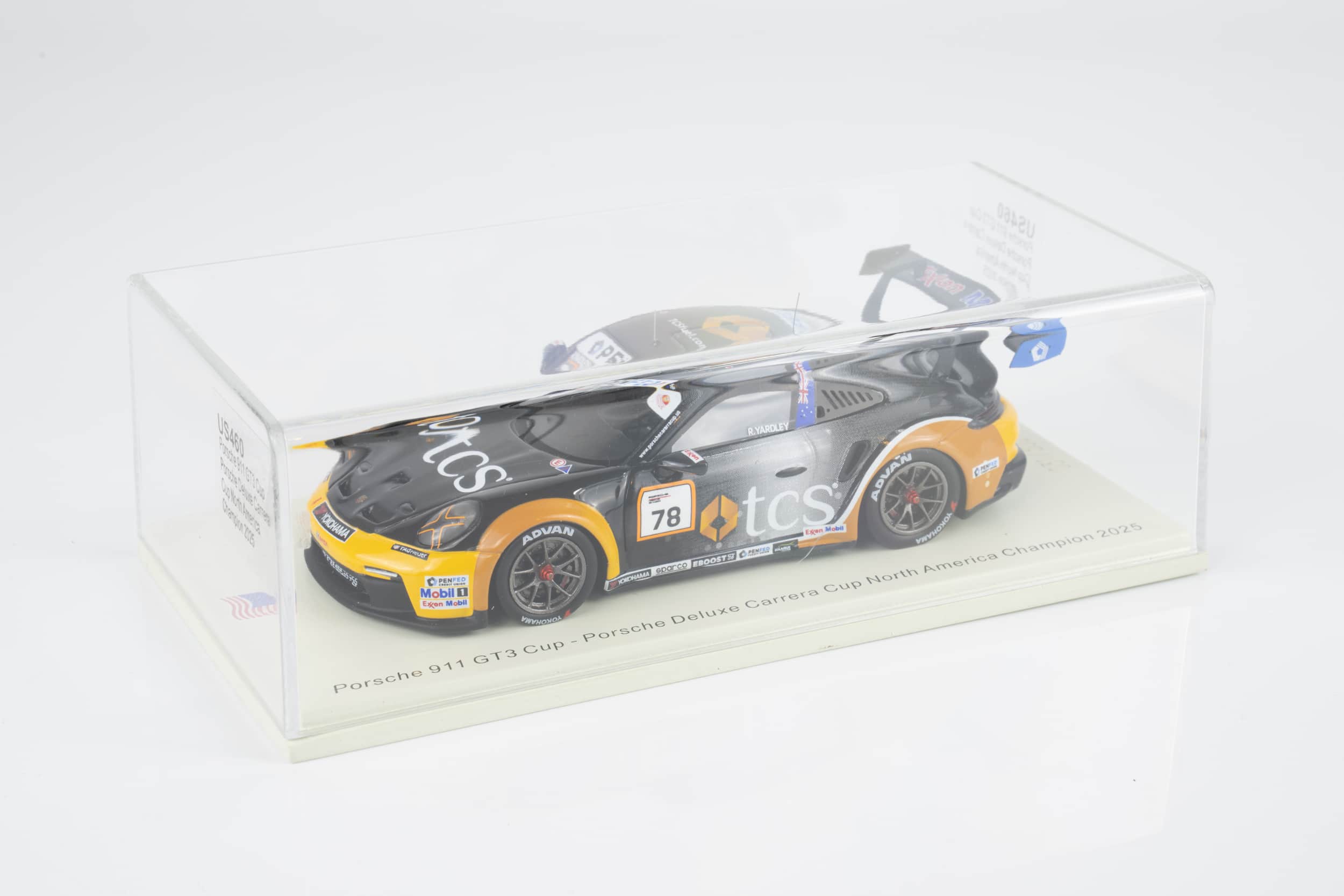 Spark 1:43 Porsche 911 GT3 Cup No.78 Ryan Yardley Porsche Deluxe Carrera Cup North America Champion 2025 (US460) Limited Edition Resin Model 3 Spark 1:43 Porsche 911 GT3 Cup No.78 Ryan Yardley Carrera Cup North America Champion 2025 – in display case