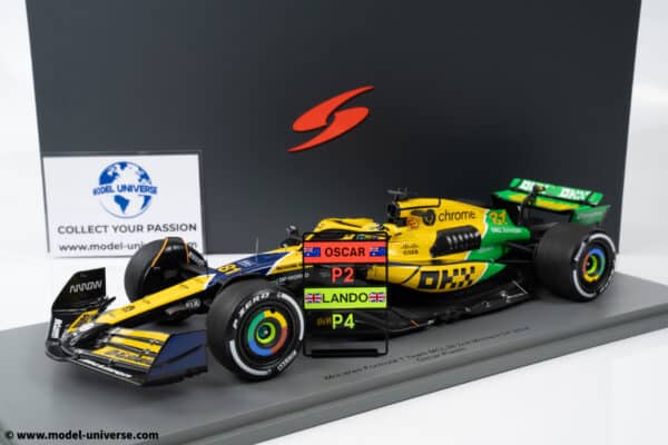 Spark 1:18 McLaren MCL38 Ayrton Senna Tribute #81 Oscar Piastri Monaco GP 2024 with Pitboard - Resin Model