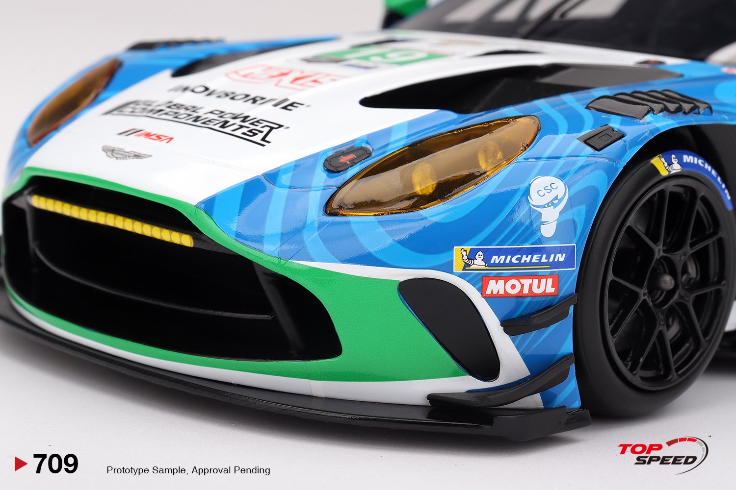 Top Speed 1:18 Aston Martin Vantage GT3 EVO No.19 IMSA 24h Daytona 2025 (TS0709) - Resin Model 4 Top Speed 1:18 Aston Martin Vantage GT3 Evo #19 van der Steur Racing 2025 IMSA Daytona 24 Hrs (TS0709) resin model – front detail