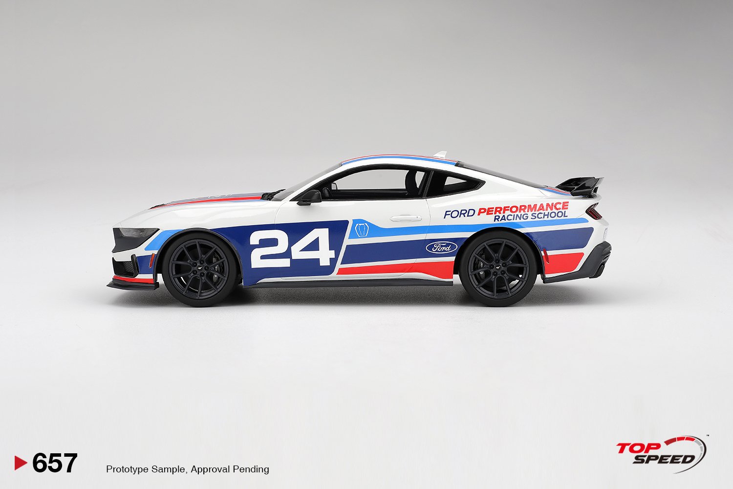 Top Speed 1:18 Ford Mustang Dark Horse White No.24 Ford Performance Racing School (TS0657) Resin Model 3 Top Speed 1:18 Ford Mustang Dark Horse #24 Ford Performance Racing School (TS0657) resin model – side profile