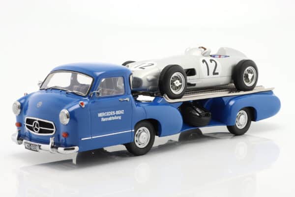 Mercedes-Benz Racing Transporter Blue Wonder with Mercedes-Benz W196 Stirling Moss Winner British GP 1955 - 1:18 Scale by Werk83