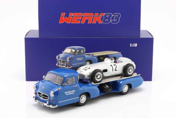 Mercedes-Benz Racing Transporter Blue Wonder with Mercedes-Benz W196 Stirling Moss Winner British GP 1955 - 1:18 Scale by Werk83